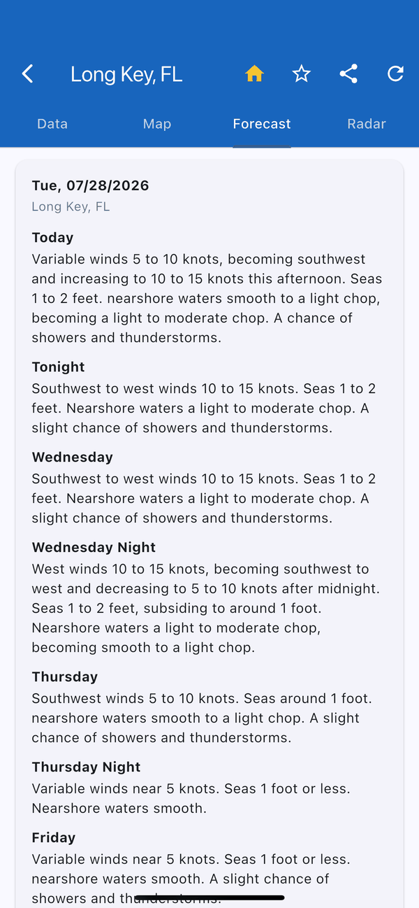 Marine forecast screen showing the National Weather Service zone forecast