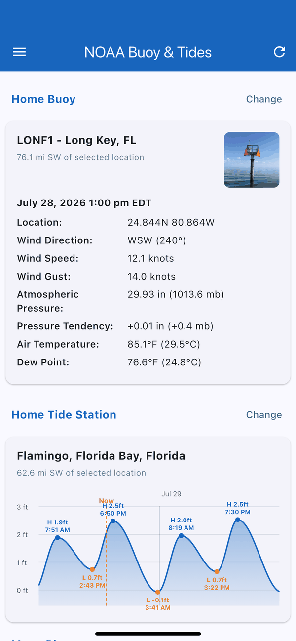 App home screen showing live buoy conditions and a tide graph