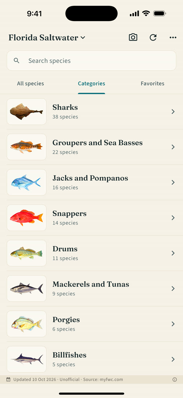 Categories screen listing species groups such as snappers, groupers and jacks