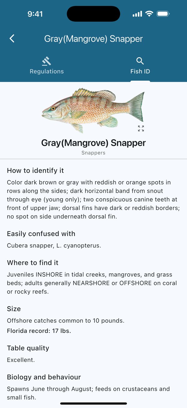 Fish identification screen with a full colour illustration and notes