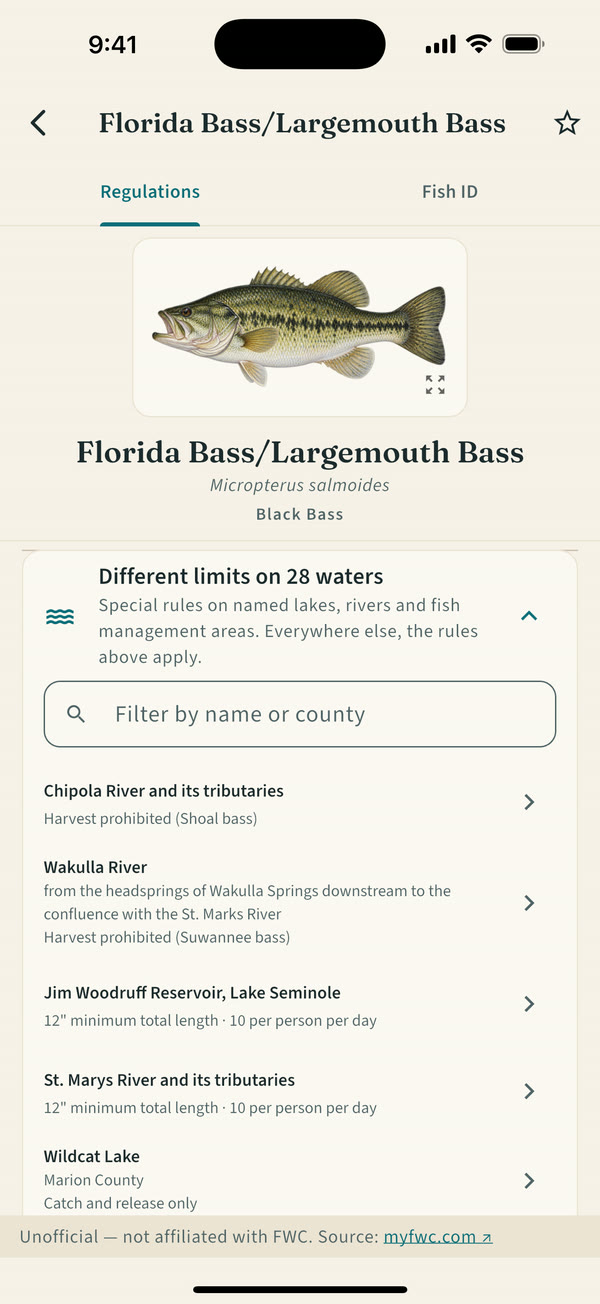 Largemouth bass regulations screen listing the waters that carry different limits