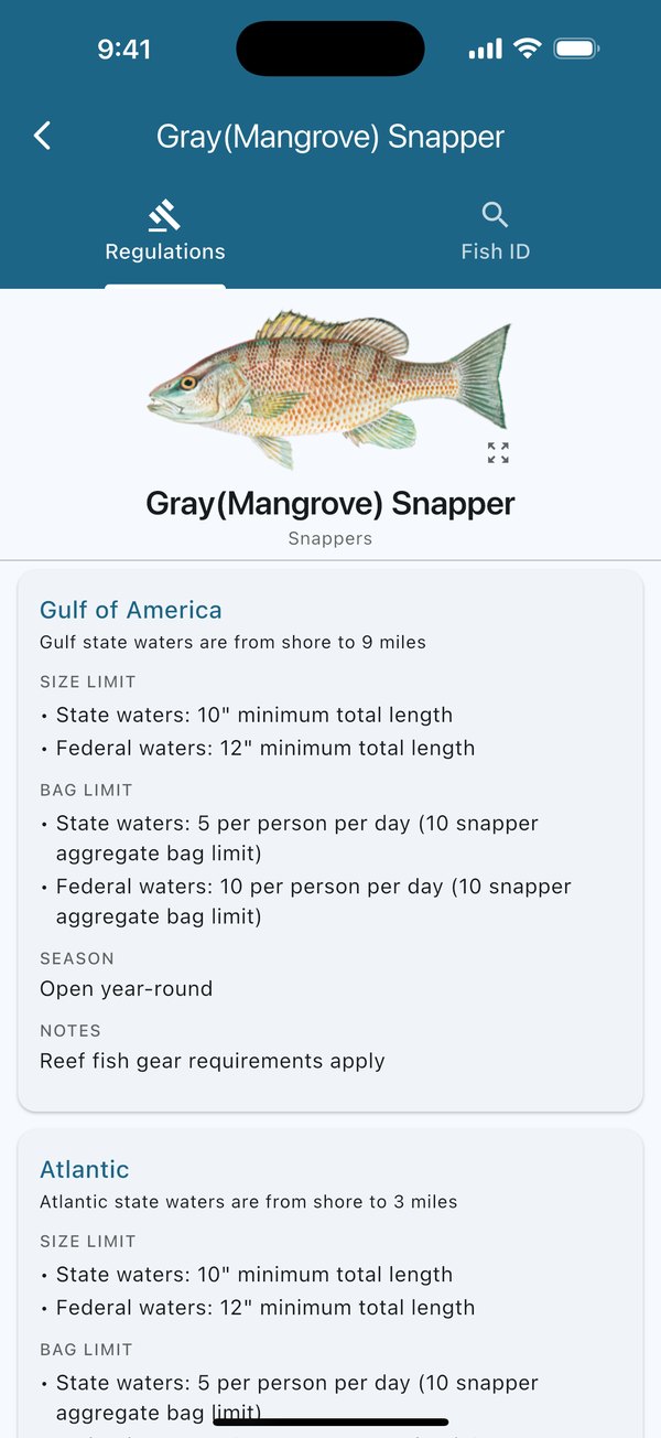 Regulations screen for a species showing size and bag limits