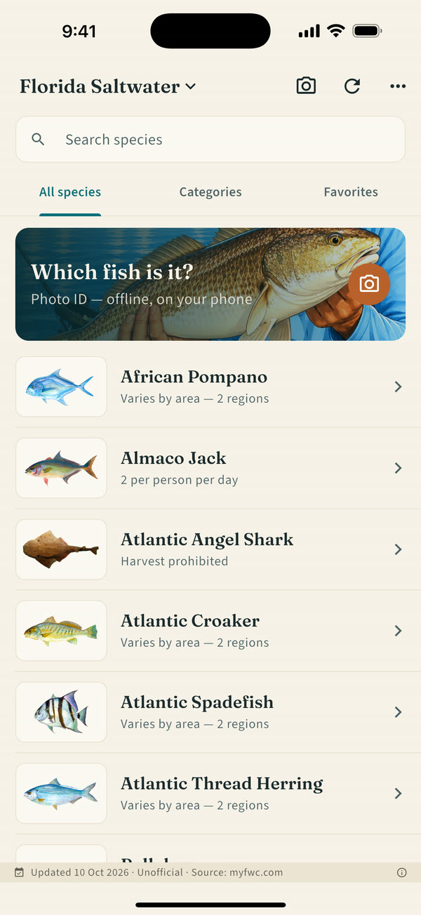 Species list browsable by category