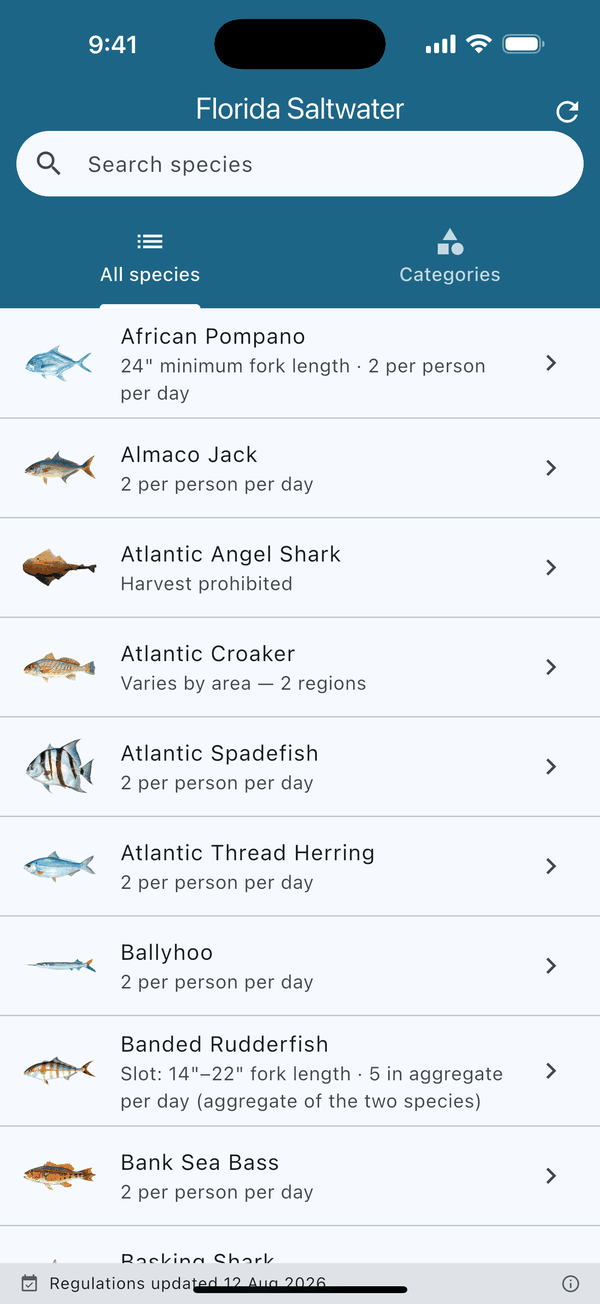 Species list browsable by category