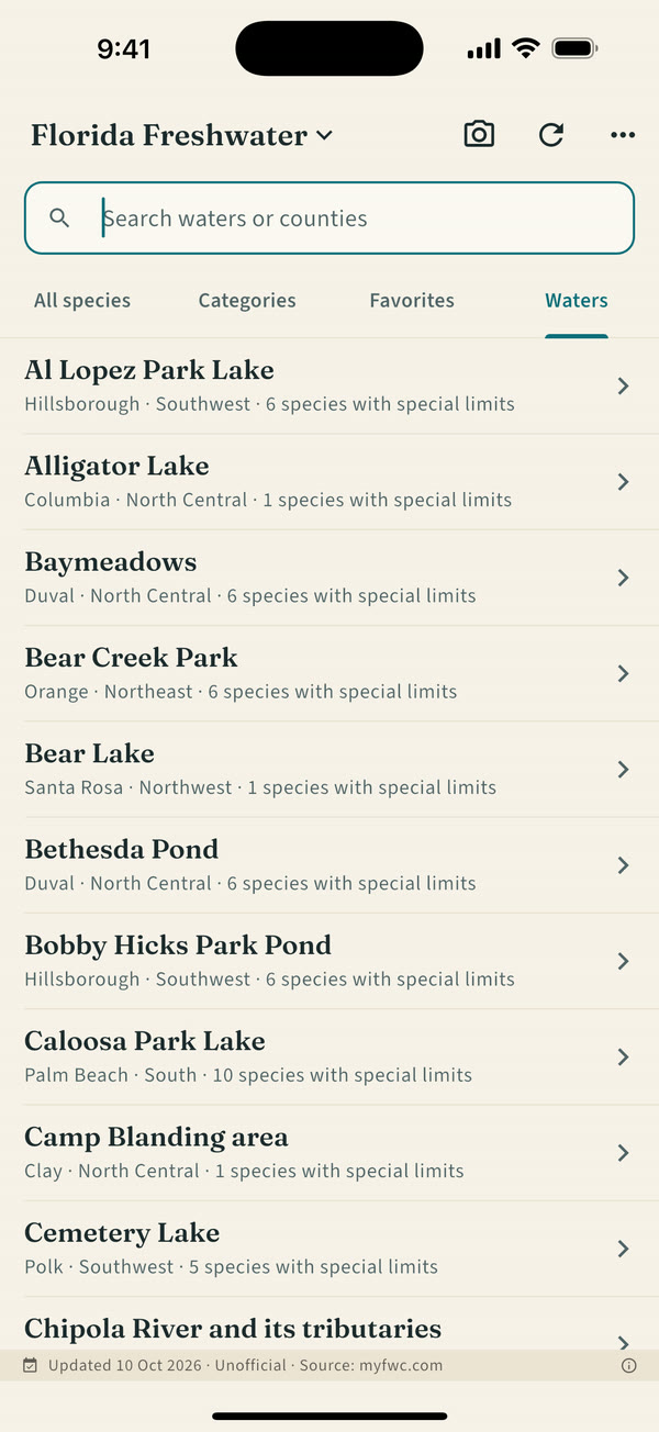 Waters tab listing Florida lakes and fish management areas with special limits, searchable by name or county
