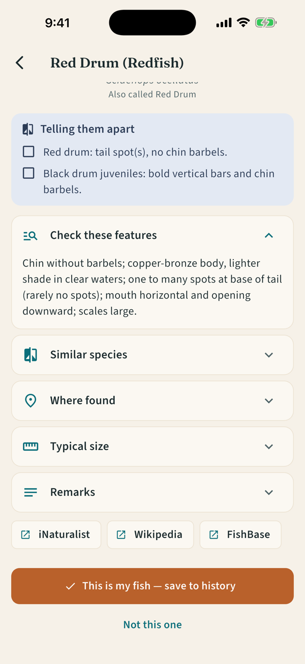 Species detail with sections for features, similar species, where found, typical size and remarks, plus links to iNaturalist, Wikipedia and FishBase