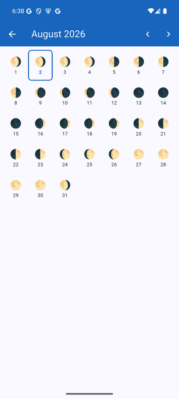 Month calendar showing the moon phase for every day