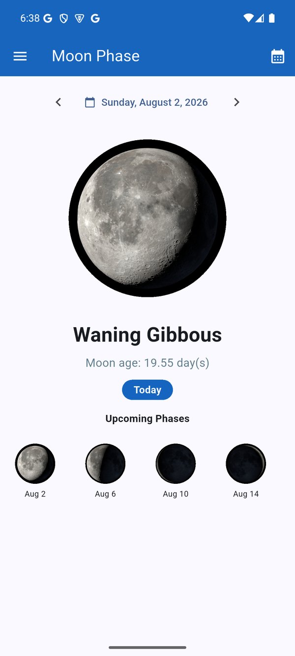 Moon phase screen showing the current phase, moon age and upcoming phases