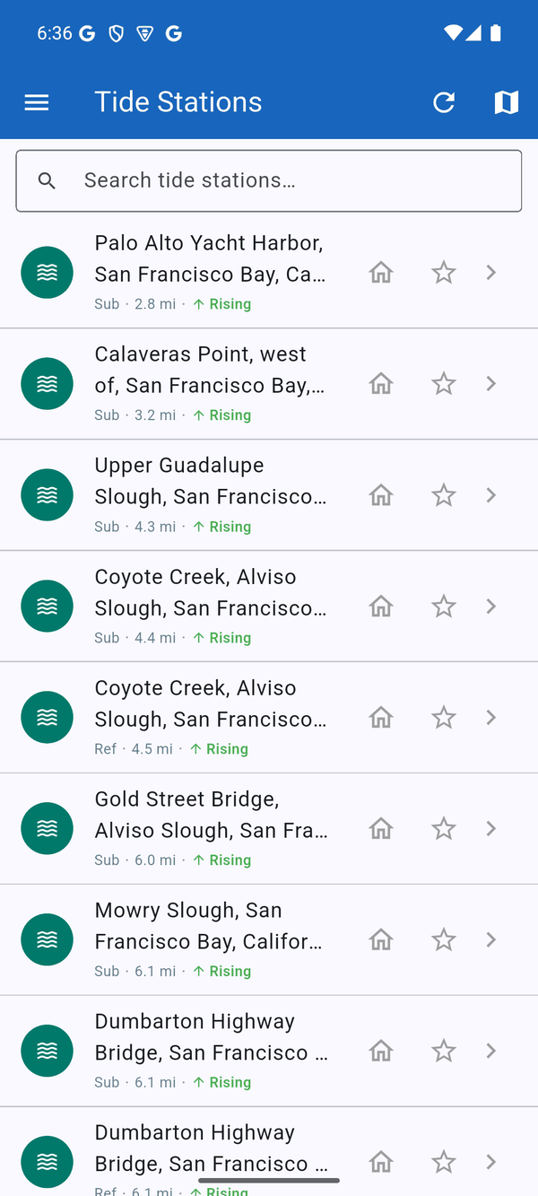 Tide station list sorted by distance, each showing whether the tide is rising